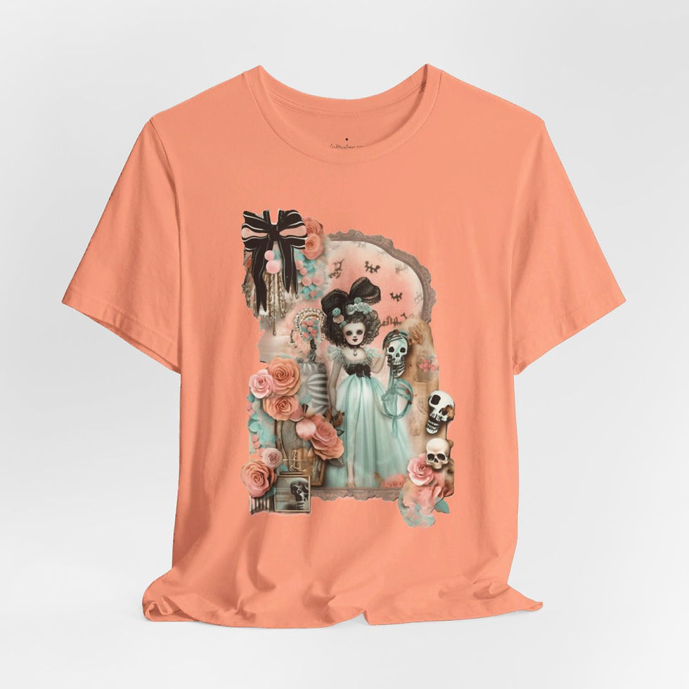 Thumbnail: Halloween T-Shirt Shabby Girl Zombie Skulls Pink Roses Art Tee Trendy Apparel