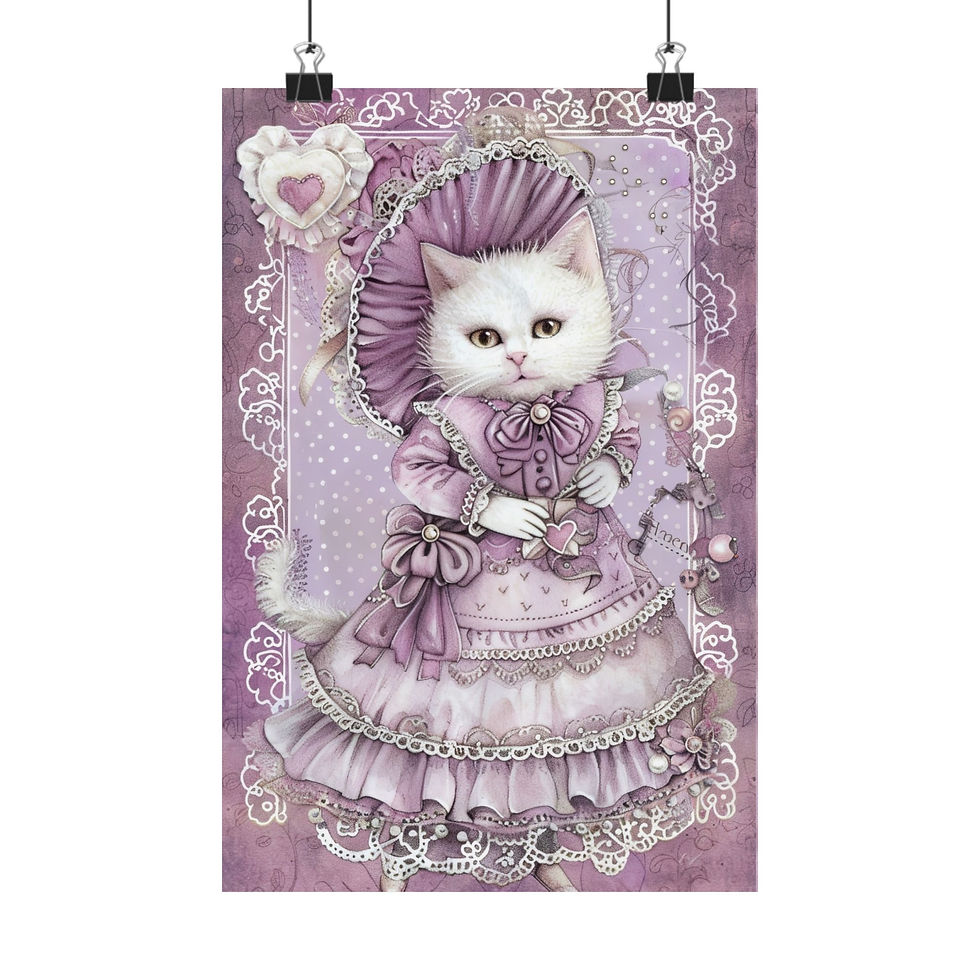 Thumbnail: Cat Art Print - Cat in Bonnet Shabby Victorian Cat Lover Gift Purple Wall Decor 