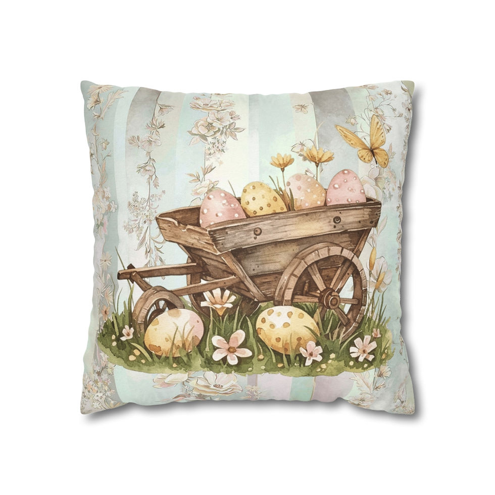 Thumbnail: Artistic Shabby Spring Throw Pillow cover Wagon Eggs Butterfly Farmhouse Decor
