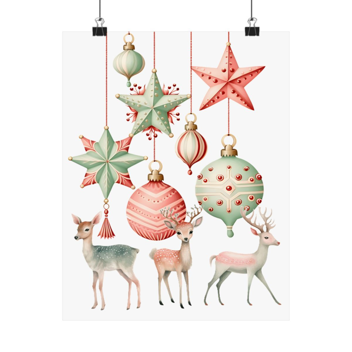 Shabby Retro Reindeer Art Print Christmas Pastel Pink Green Holiday wall Decor