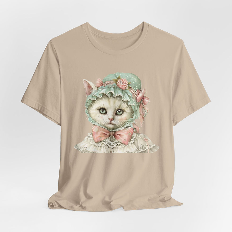 Thumbnail: Victorian Cat Art T-Shirt Shabby Mint & Pink Hat Roses Artistic Cat Lover Gift