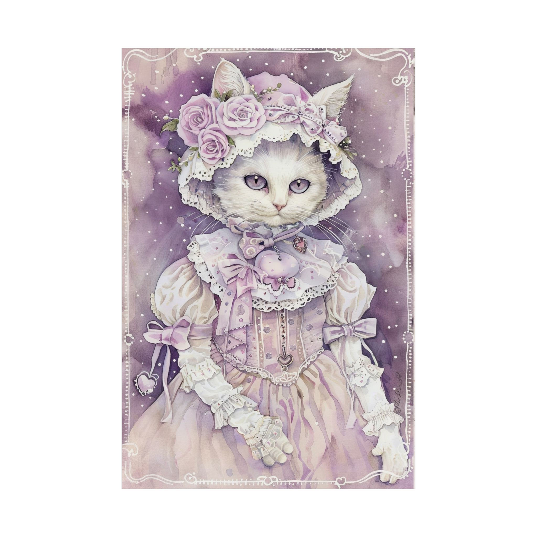 Cat Art Print - Cat in Bonnet Shabby Victorian Cat Lover Gift Purple Wall Decor 