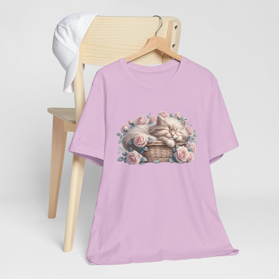 Thumbnail: Cat Lover Art T-Shirt Shabby Kitten Sleeping in Basket Pink Roses Artistic gift