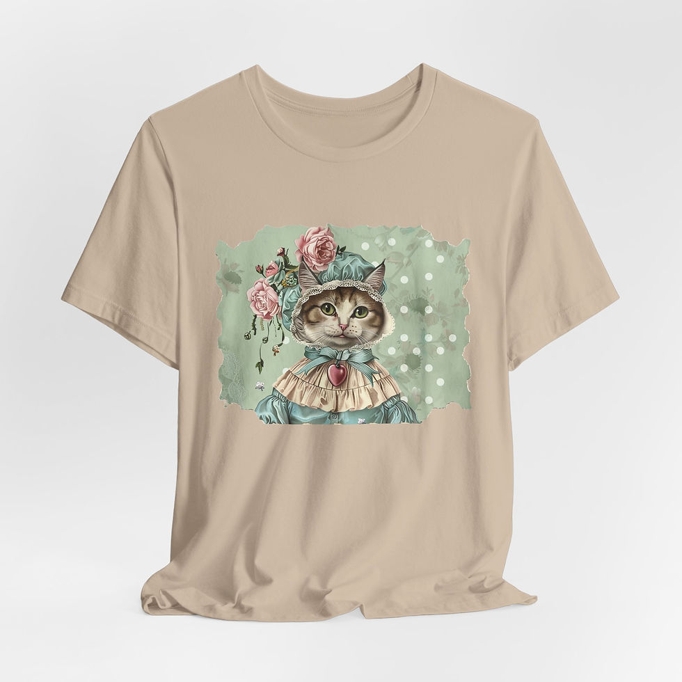 Thumbnail: Victorian Cat Art T-Shirt Shabby Mint & Pink Hat Roses Artistic Cat Lover Gift