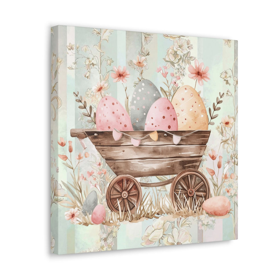 Thumbnail: Vintage Shabby Spring Canvas Art Wagon Pink Flowers Eggs Farmhouse Wall Decor