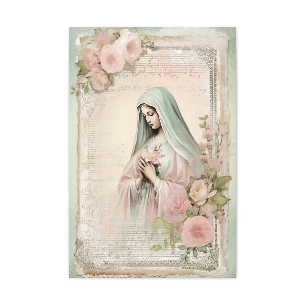 Thumbnail: Shabby Virgin Mary Canvas Art Vintage Green & Pink Roses Pastel Religious Decor