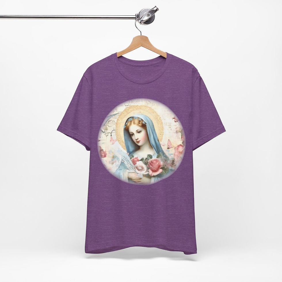 Thumbnail: Virgin Mary T-Shirt Pink Rose Shabby Chic Ave Maria Art Tee Catholic Faith Gift