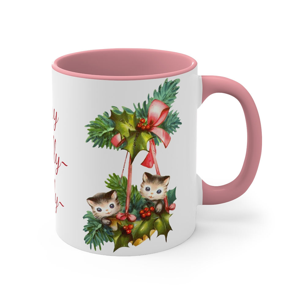 Thumbnail: Retro Kitten Christmas Coffee Mug 1950s Merry Holly Jolly Cat Lover Holiday gift