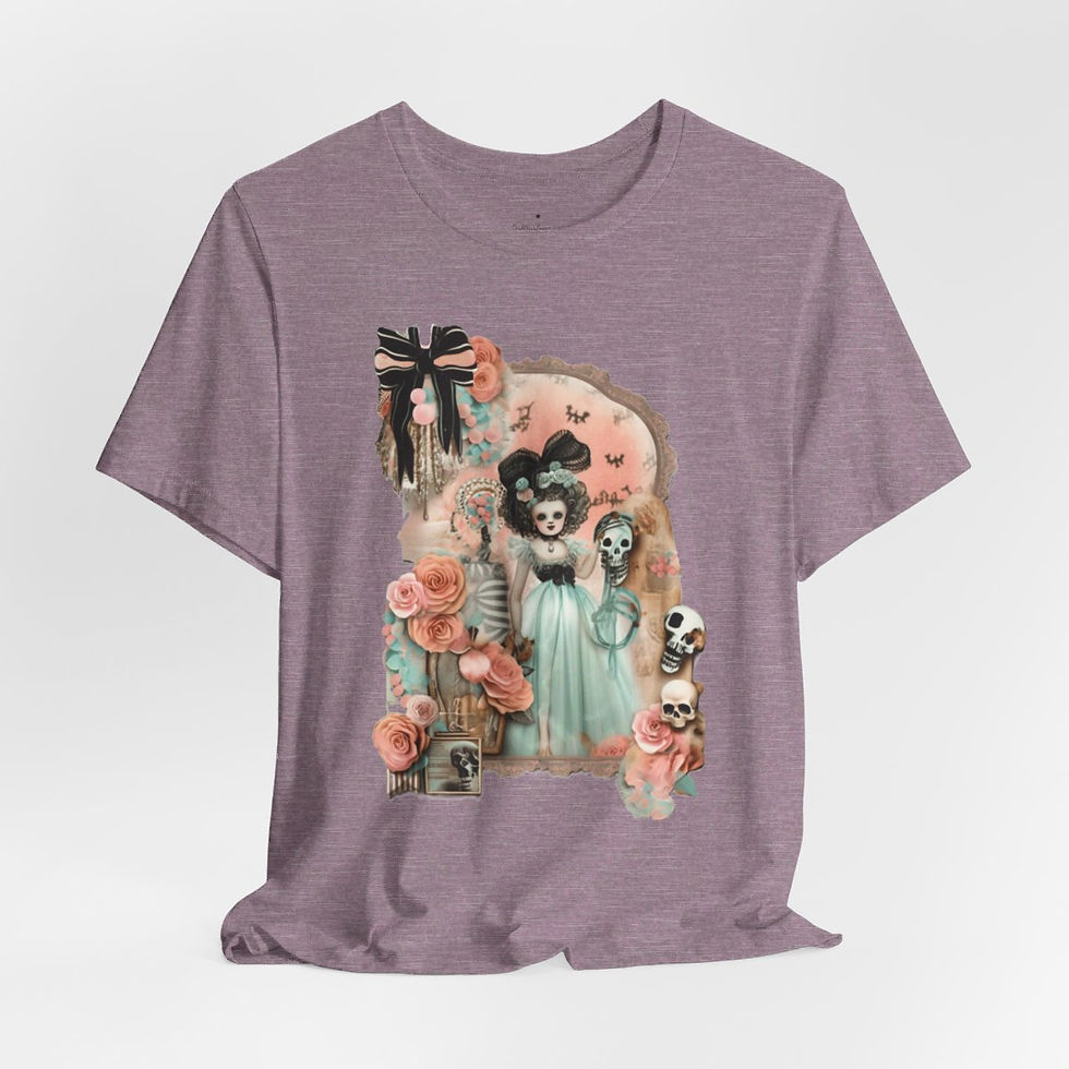 Thumbnail: Halloween T-Shirt Shabby Girl Zombie Skulls Pink Roses Art Tee Trendy Apparel