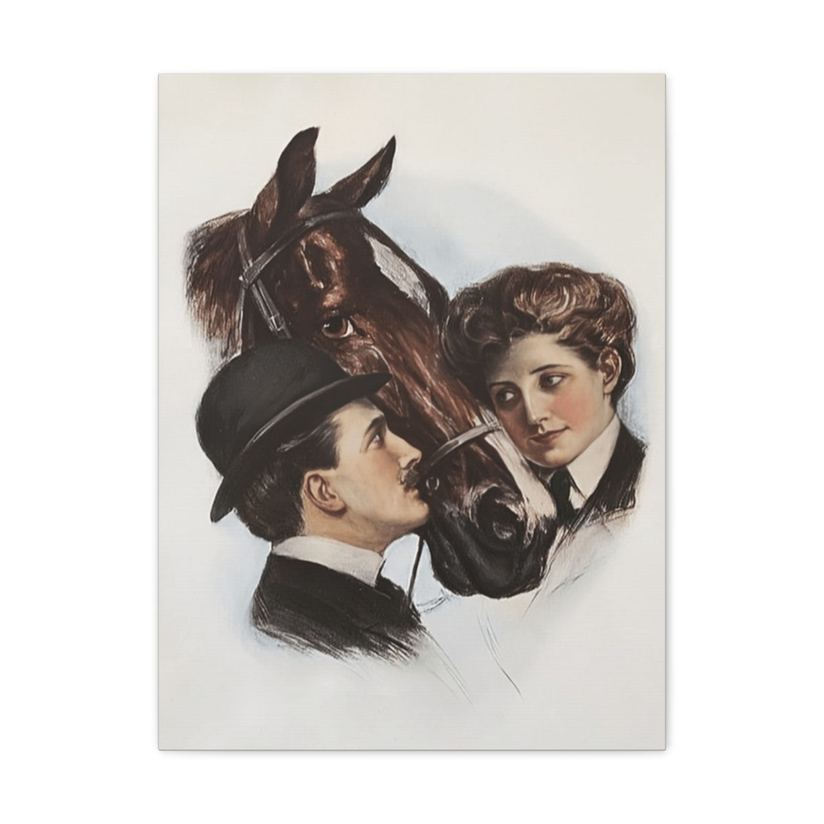 Victorian Woman & Man with Horse Watercolor Canvas Art Equestrian Decor 