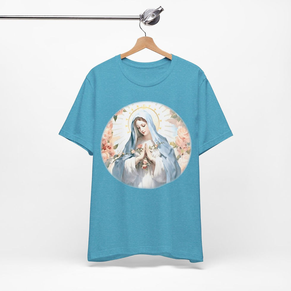 Thumbnail: Virgin Mary T-Shirt Pink Rose Shabby Chic Ave Maria Art Tee Catholic Faith Gift
