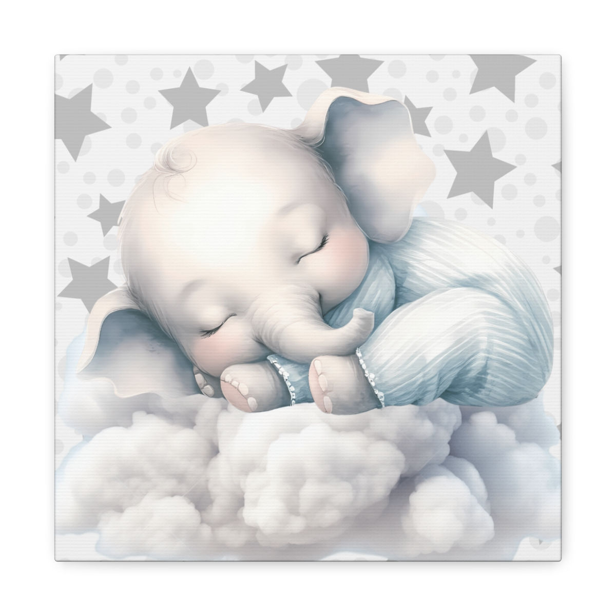 Nursery Decor Watercolor Canvas Art Sleeping Elephant in Pajamas Artwork 