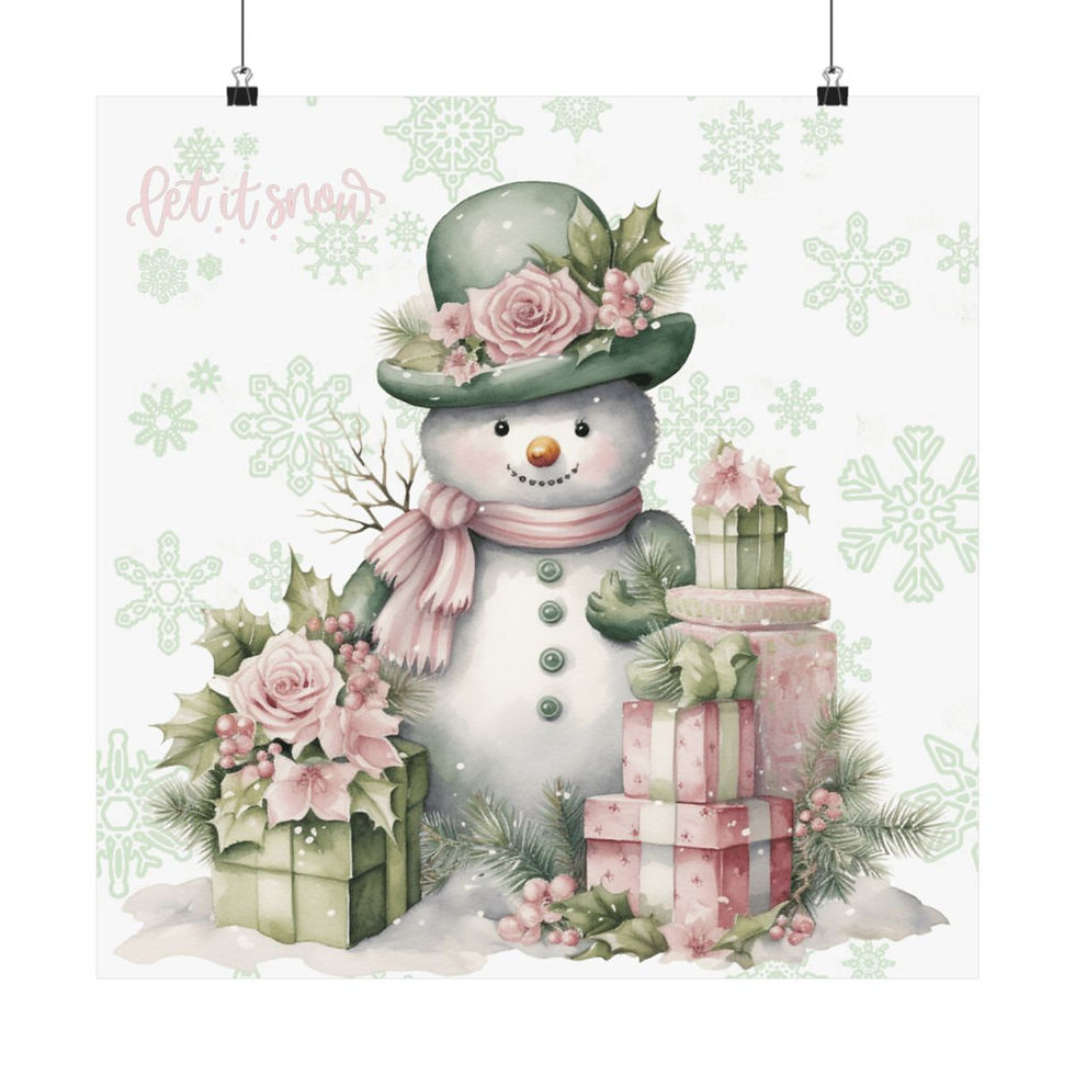 Thumbnail: Shabby Snowman Art Print Pastel Green Pink Roses French Cottage Christmas Decor