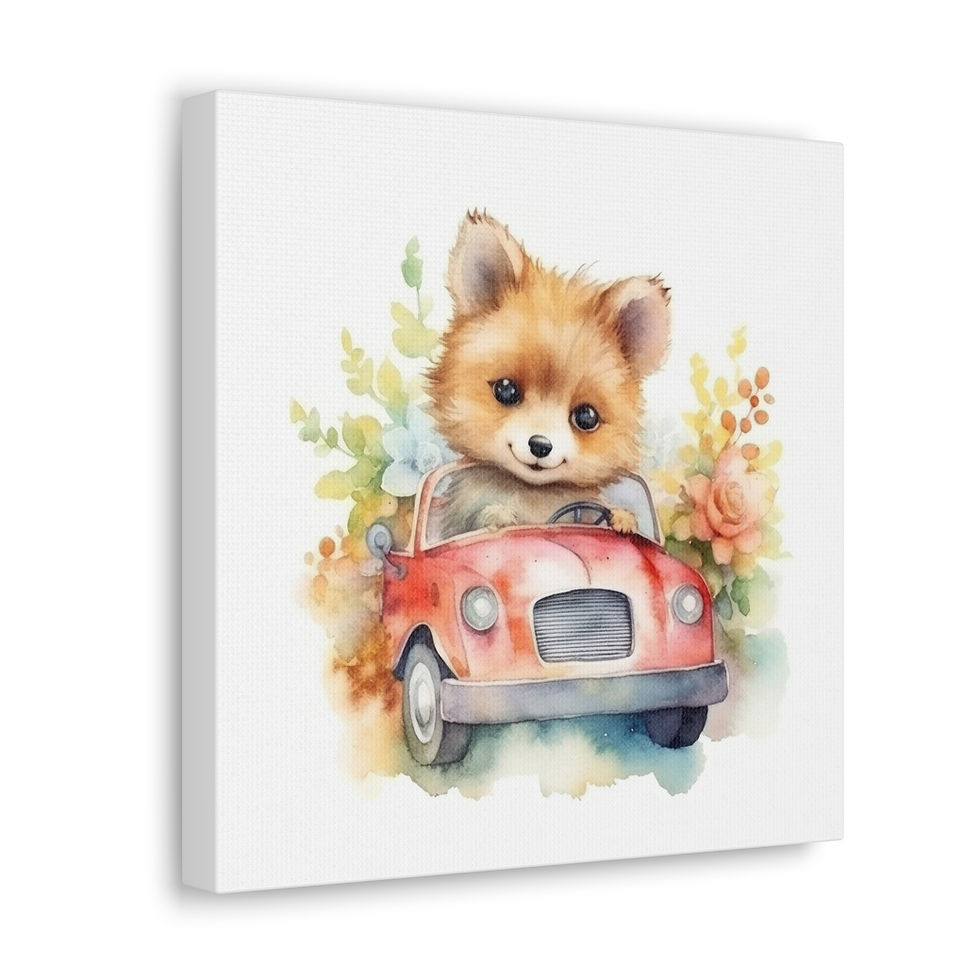 Thumbnail: Nursery Wall Decor Fox Driving a Car Watercolor Canvas Art Print Baby Toddler