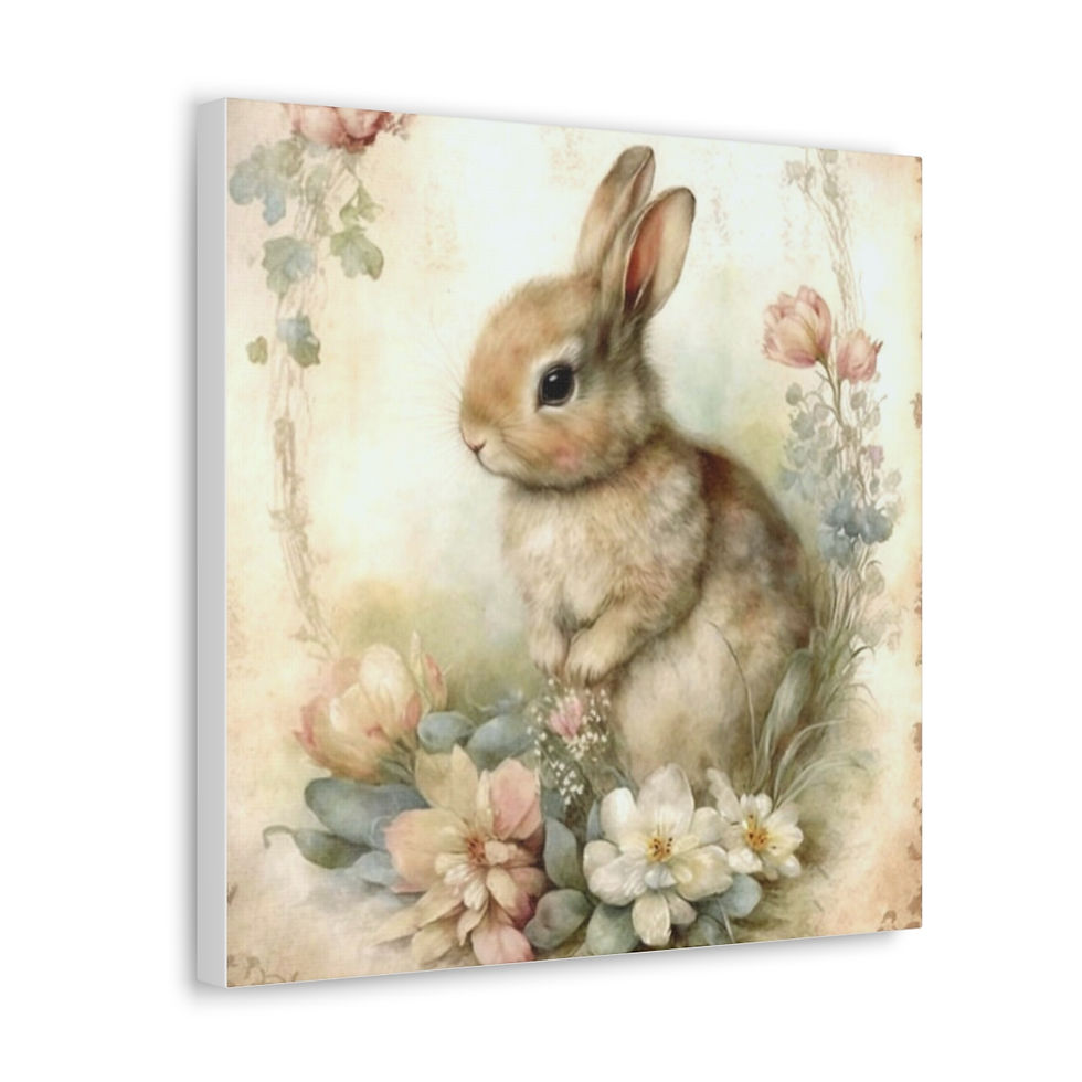 Thumbnail: Shabby French Country Decor Canvas Art Cozy Farmhouse Cottage Art Pastel Bunny