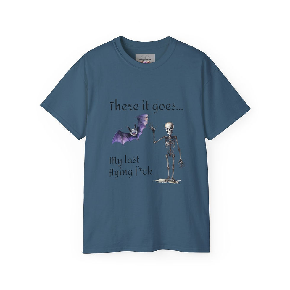Thumbnail: Sarcastic T-shirt Skeleton and Bat Cotton Last flying f*ck Unisex Halloween Tee