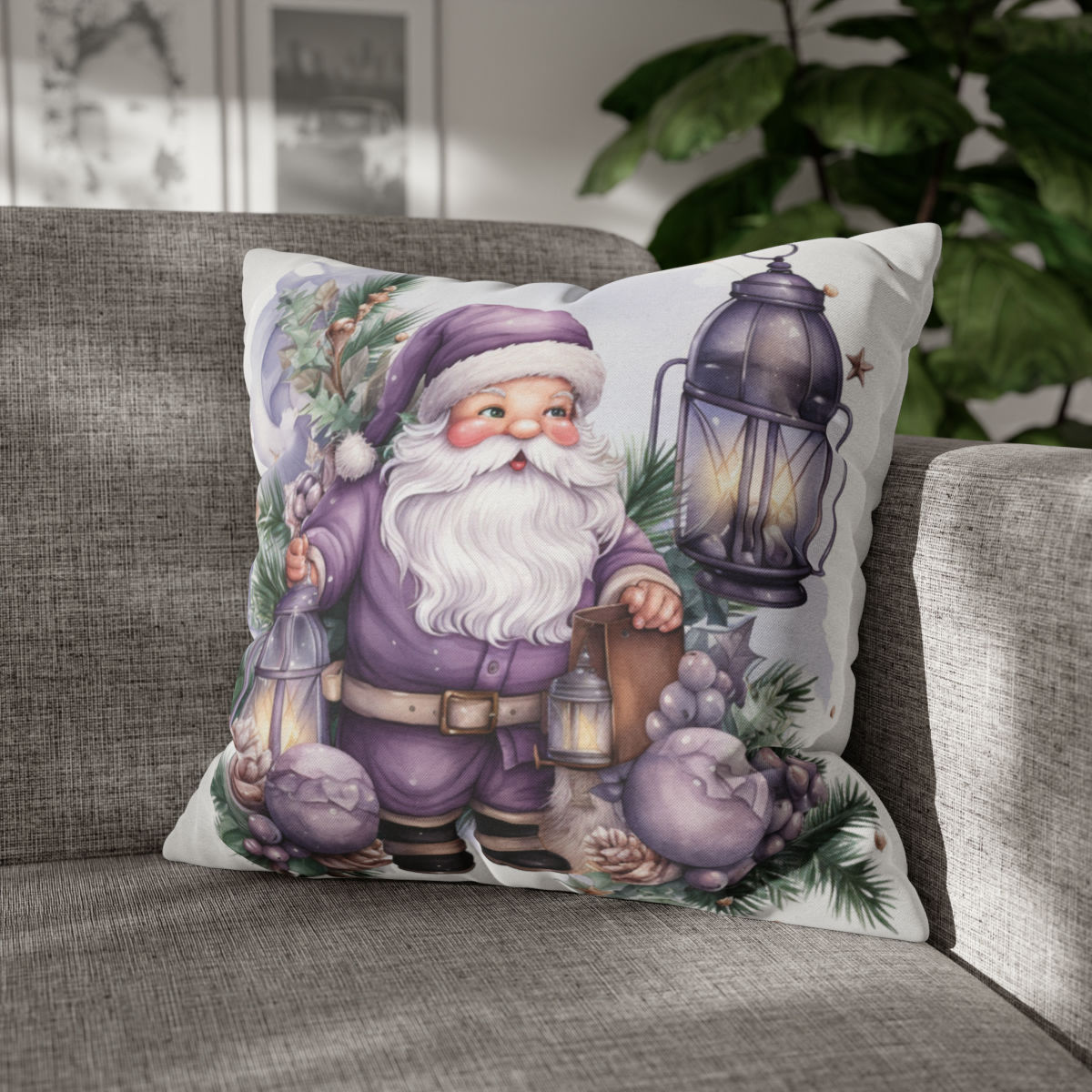 Vintage Shabby Purple Santa Claus Artistic Throw Pillow Cover Christmas Décor