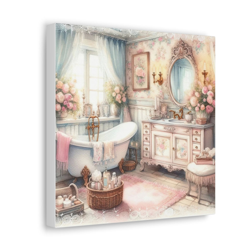 Thumbnail: Shabby French Bathroom Canvas Art Clawfoot Tub Pastel Watercolor Print