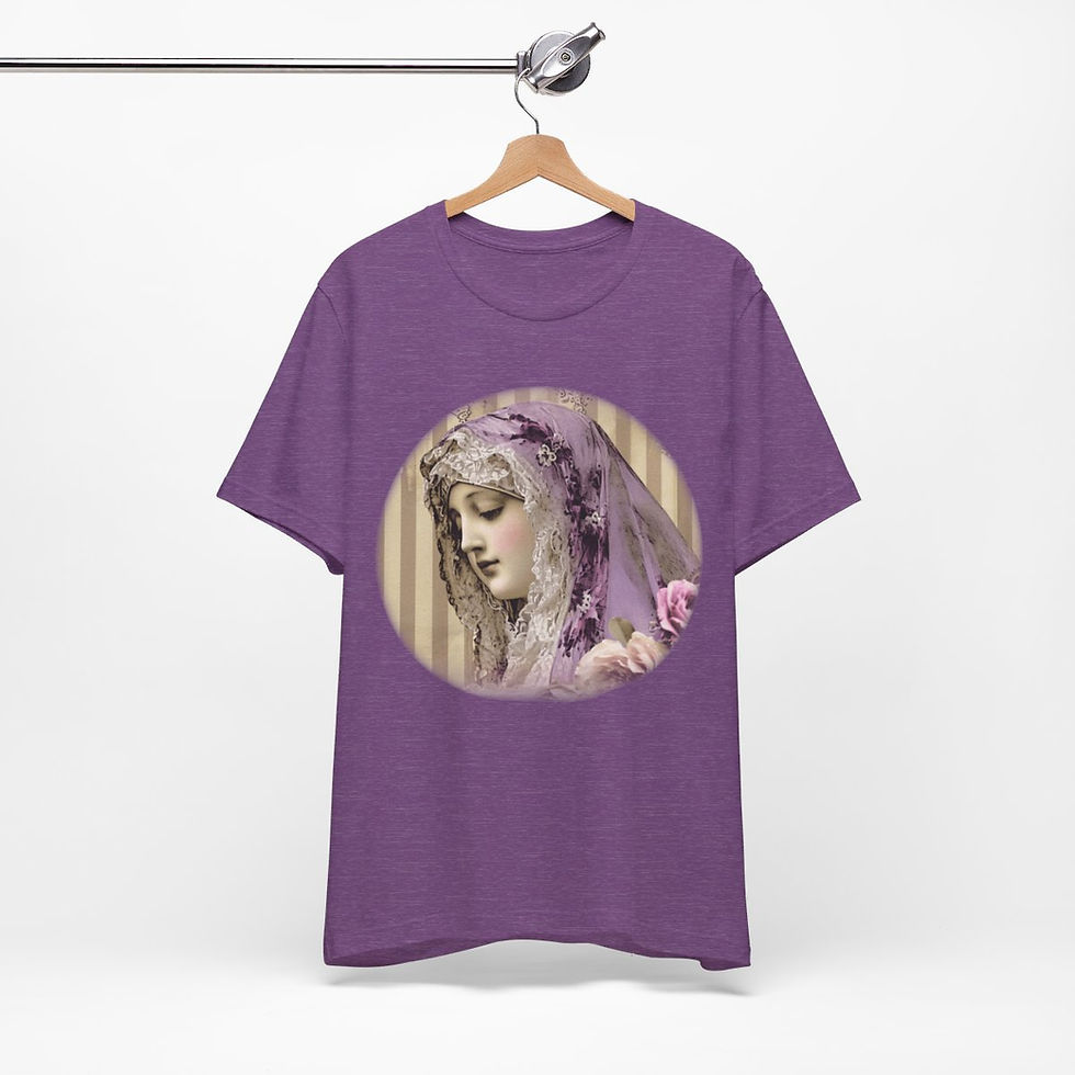 Thumbnail: Lavender Virgin Mary T-Shirt Shabby Roses Ave Maria Art Tee Catholic Faith Gifts