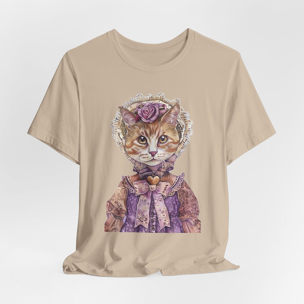 Thumbnail: Victorian Cat Art T-Shirt Shabby Roses Bonnet Hat Purple Artistic Cat Lover Gift
