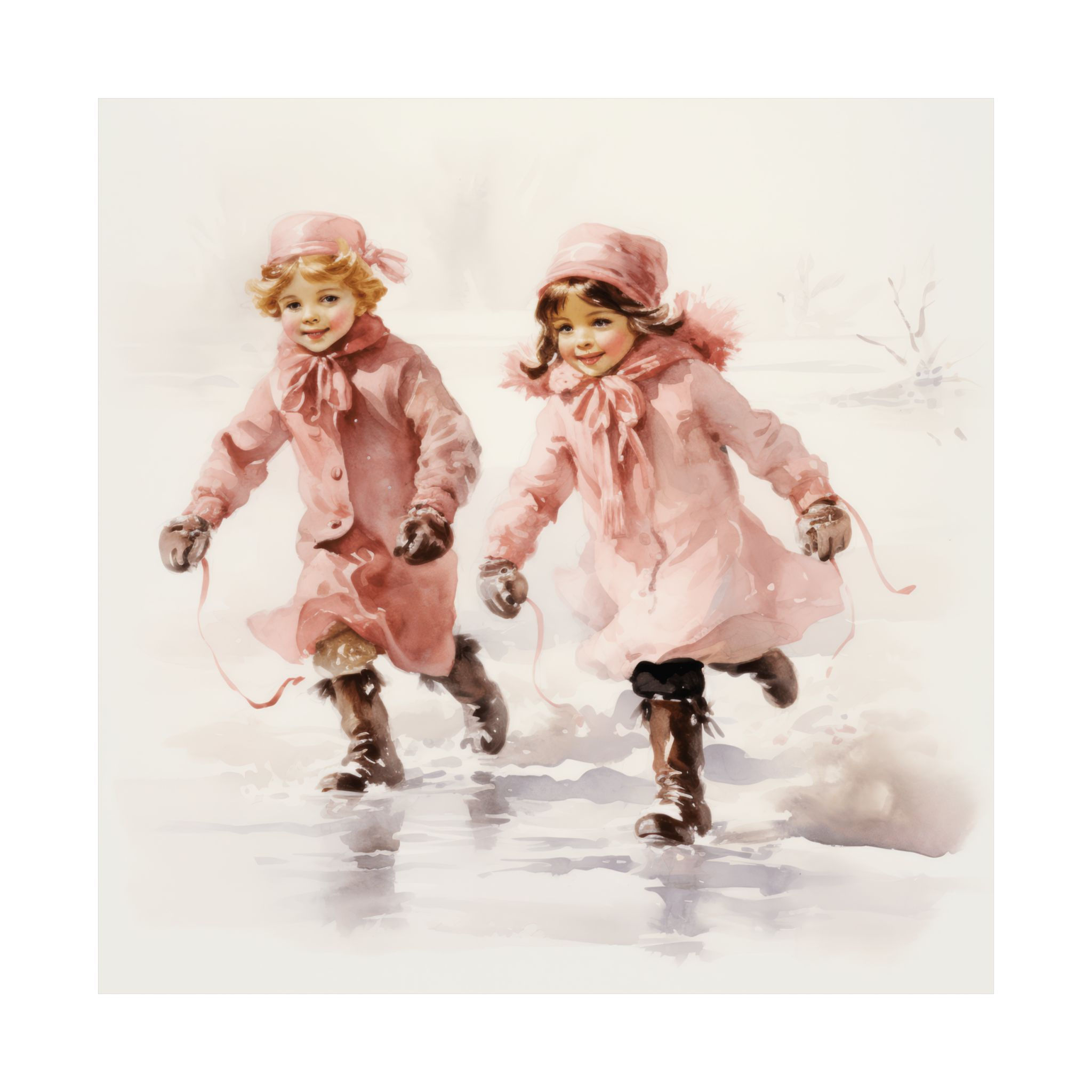 Snowy Victorian Children Art Print Pink Christmas Winter Decor