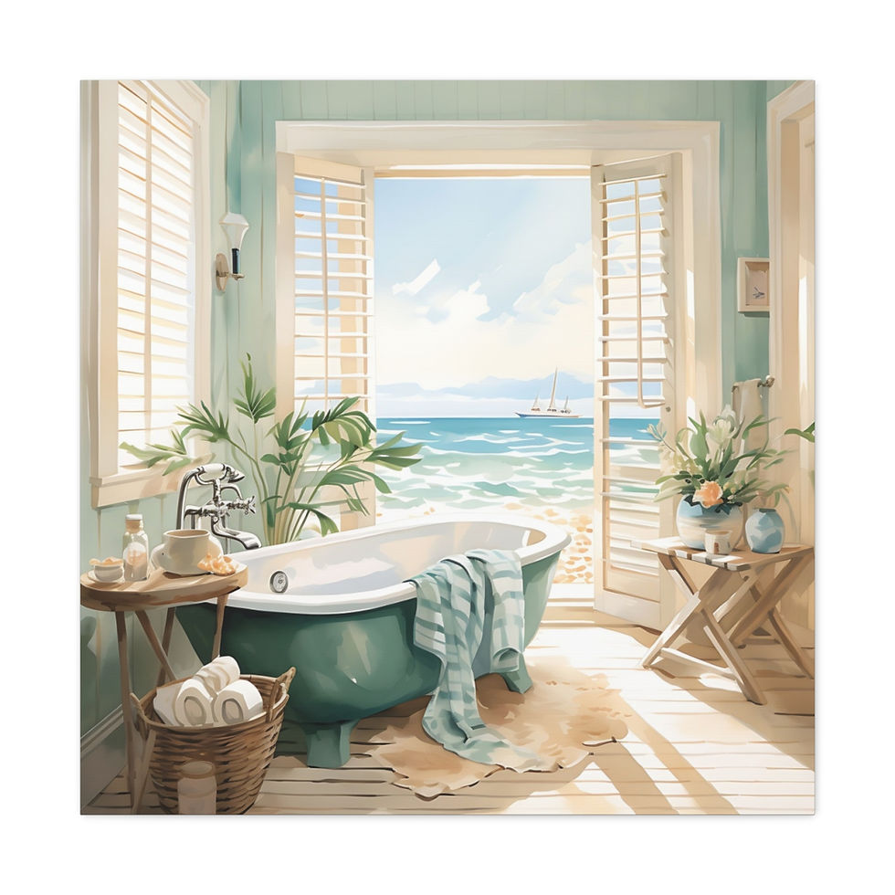 Thumbnail: Beachy Decor Bathroom Canvas Art Clawfoot Tub Ocean Beach Zen Watercolor Print
