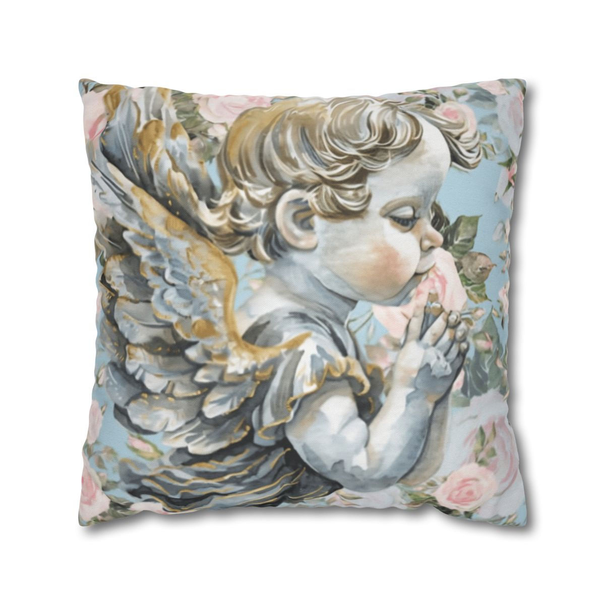 Shabby Chic Cherub Throw Pillow cover French Country Angel Blue & Pink Roses 