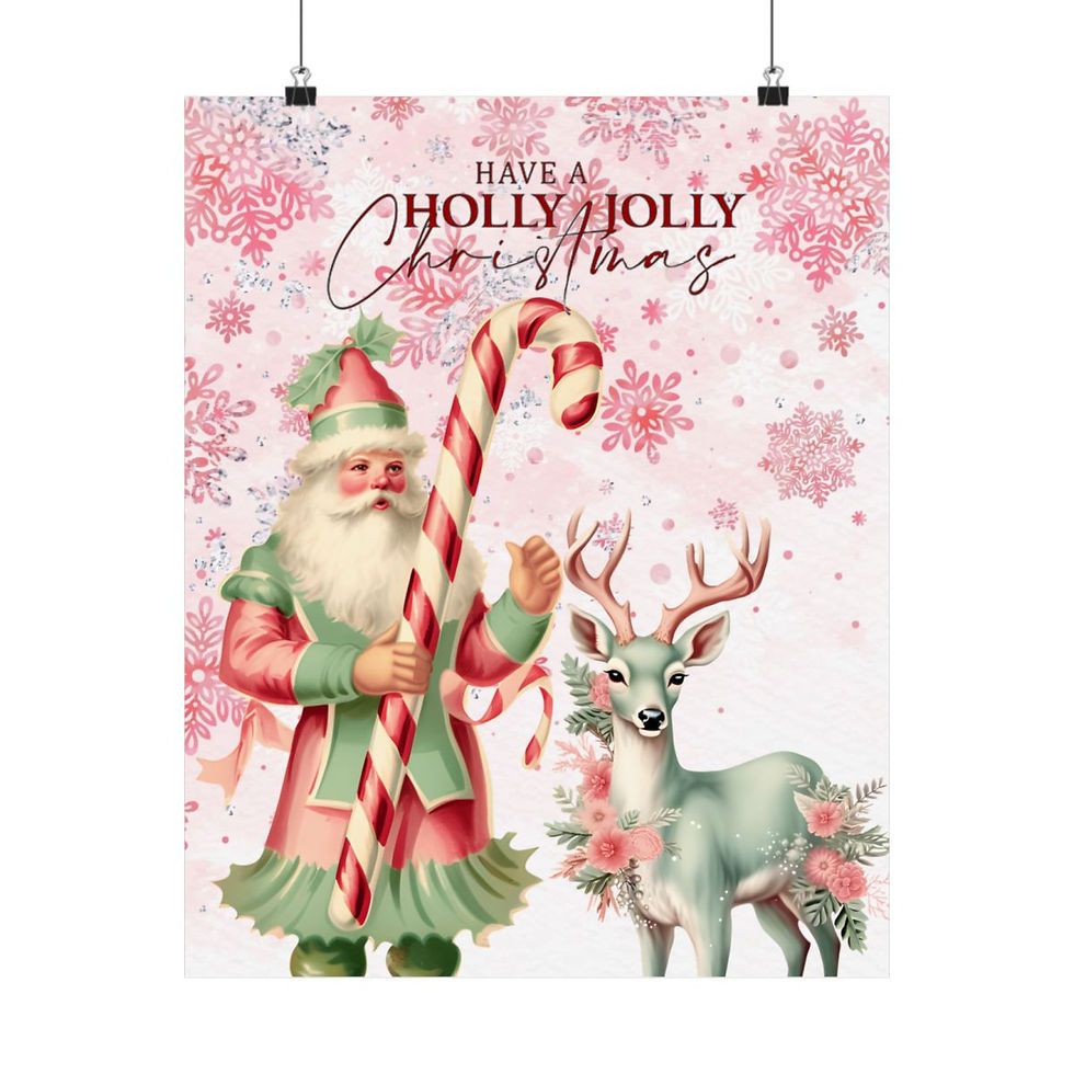 Thumbnail: Shabby Retro Santa Art Reindeer Print Christmas Pastel Holiday wall Decor