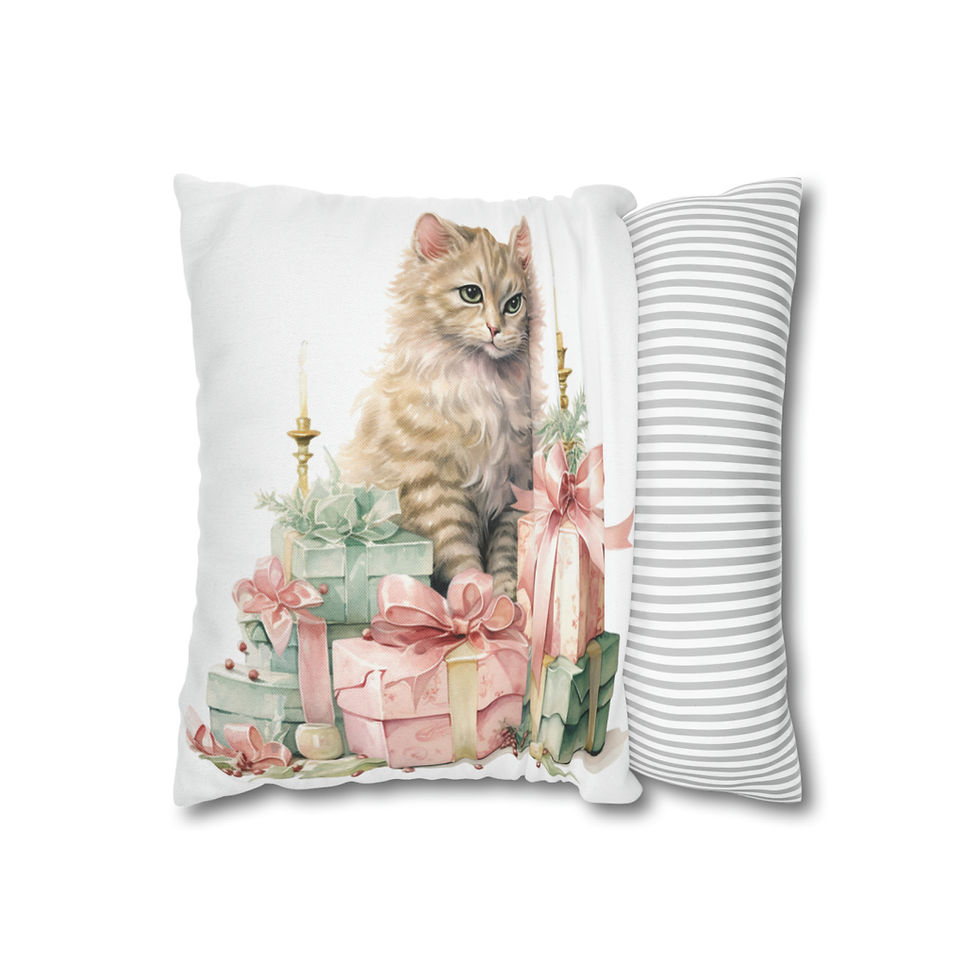 Thumbnail: Shabby Christmas Throw Pillow cover Victorian Kitty Cat Pink Roses Holiday Decor