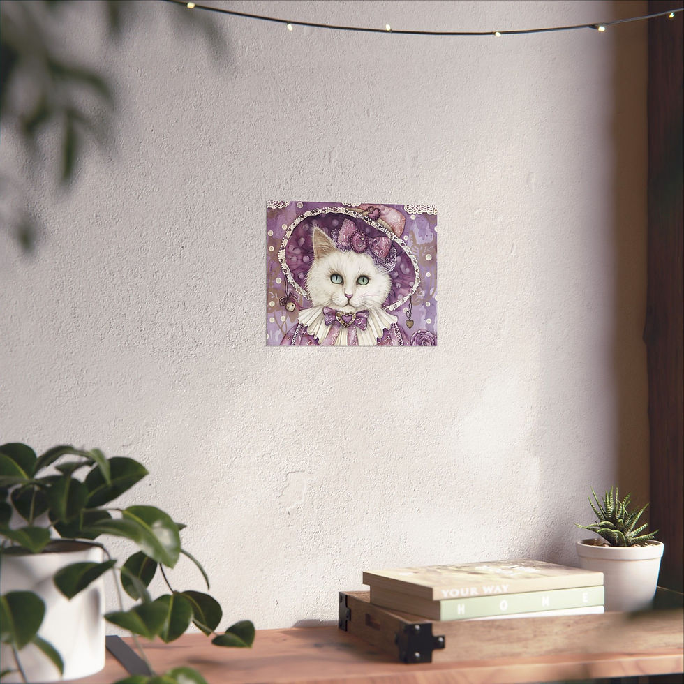 Thumbnail: Shabby Cat Art Print Victorian Kitty in Hat Pastel Purple Cat Lover Decor Gift