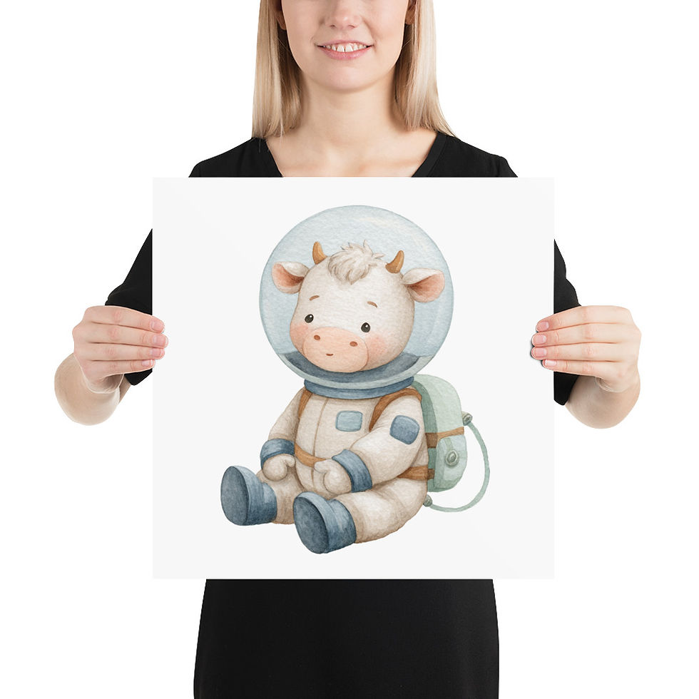 Thumbnail: Children's Nursery Decor Space Theme Baby Cow Astronaut Watercolor Art Print