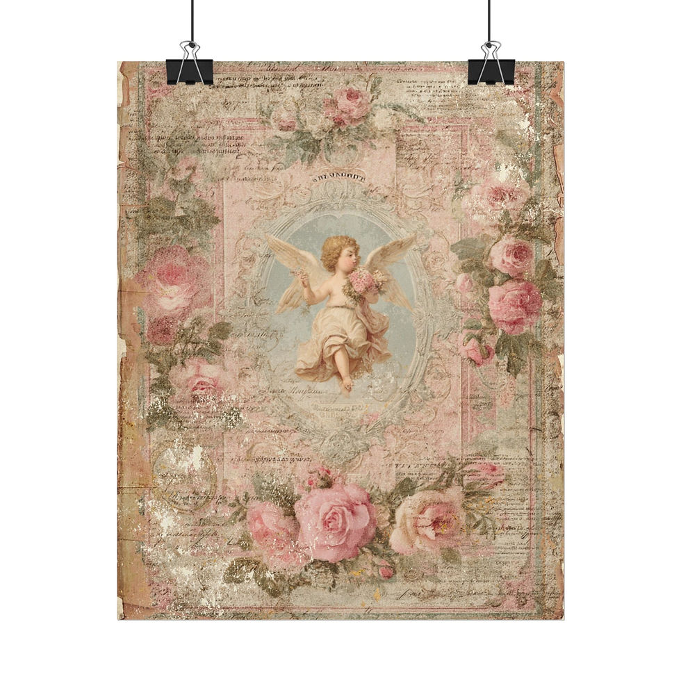 Thumbnail: Victorian Cherub & Pink Roses Art Print - Romantic Shabby Chic Vintage Decor