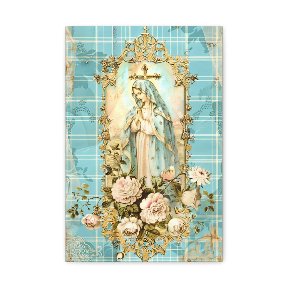 Thumbnail: Shabby Virgin Mary Canvas Art Vintage Blue White Pink French Country Wall Decor 