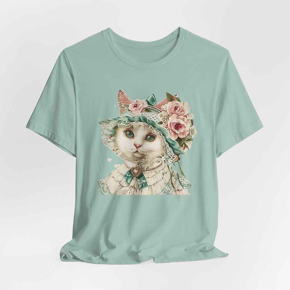 Thumbnail: Victorian Cat Art T-Shirt Shabby Mint & Pink Hat Roses Artistic Cat Lover Gift