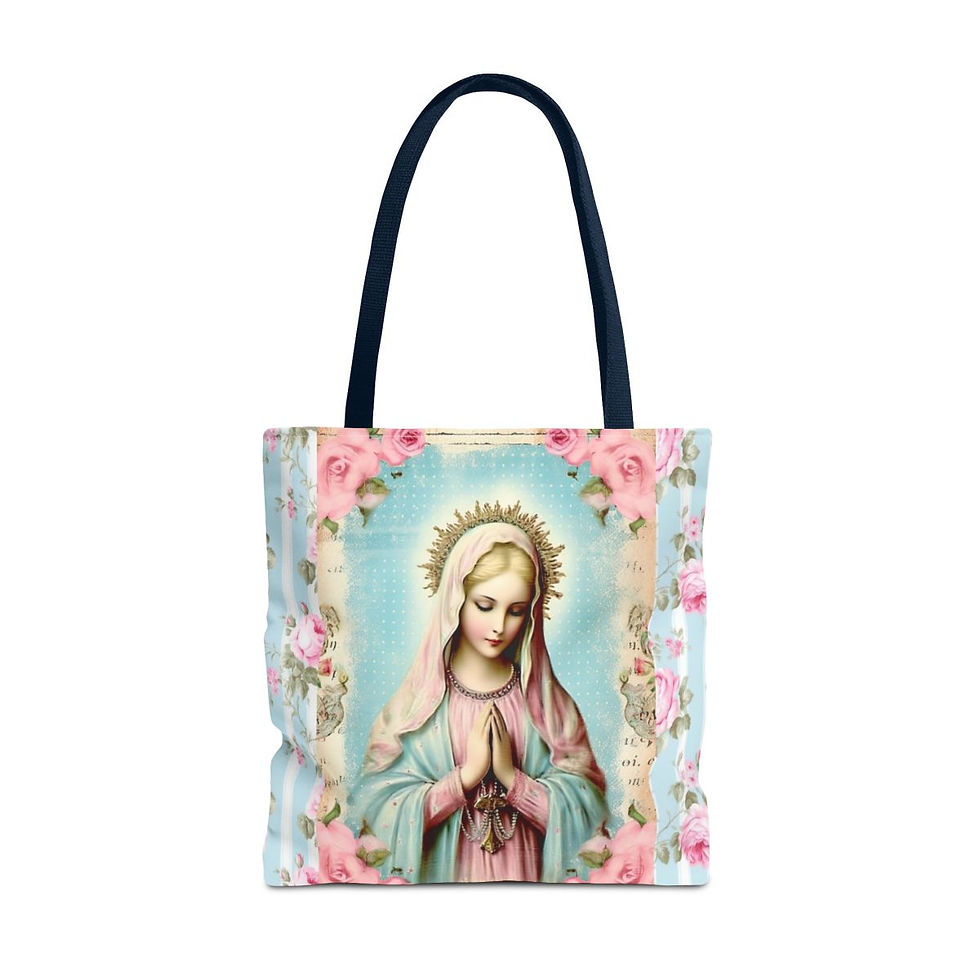 Thumbnail: Artistic Shabby Virgin Mary Tote Bag Pastel Blue Pink Roses Serene Catholic Gift