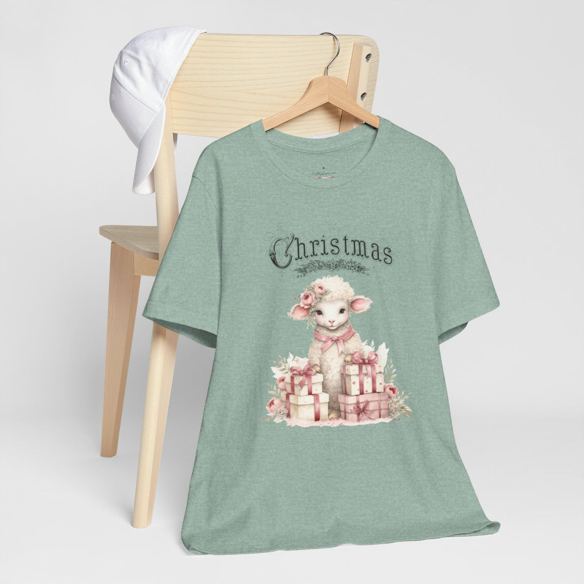 Shabby Farmhouse Christmas T-Shirt Lamb Art Tee Vintage style Cottage Pink Roses