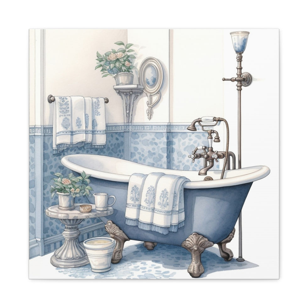 Thumbnail: French Country Bathroom Canvas Art Victorian Clawfoot Tub Blue and White Print