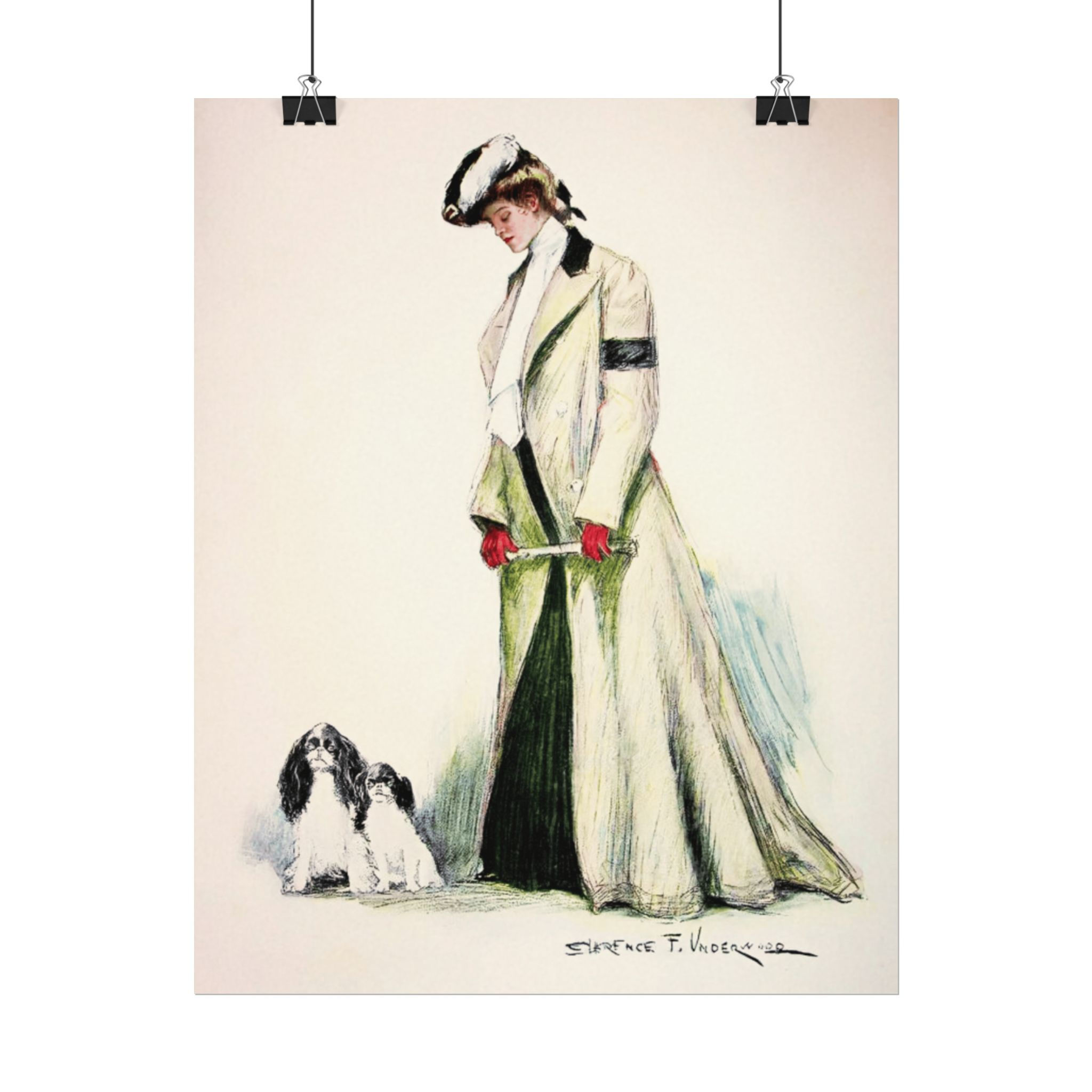 Vintage Dog Art Print Clarence Underwood Victorian Woman & Dog Watercolor Giclee