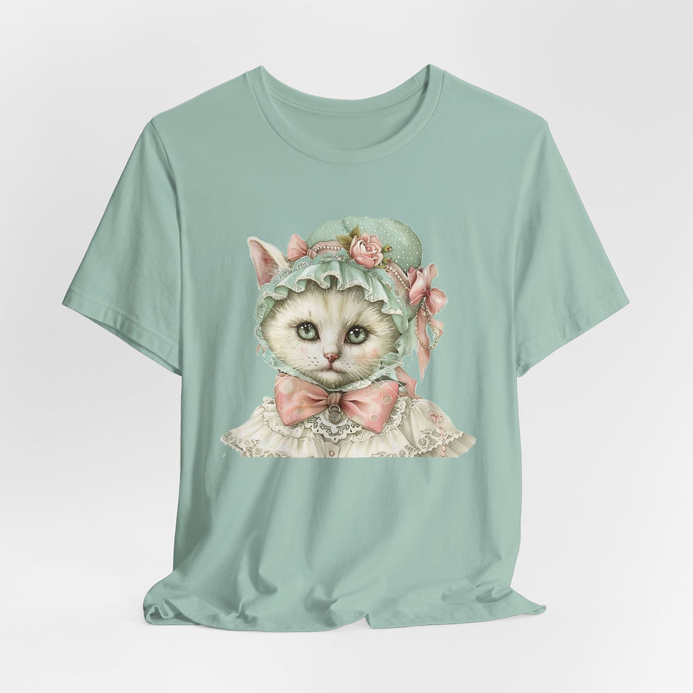 Thumbnail: Victorian Cat Art T-Shirt Shabby Mint & Pink Hat Roses Artistic Cat Lover Gift