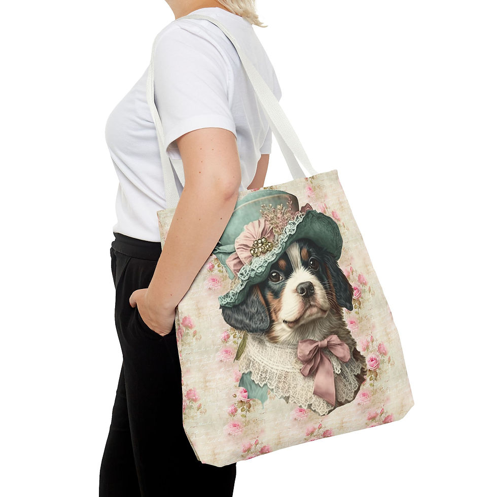 Thumbnail: Artistic Tote Bag Victorian Dog in Hat Art Shabby Roses Trendy Expressive Gift