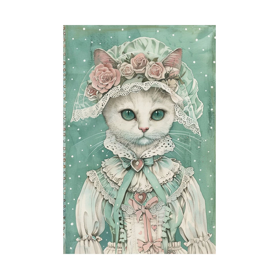 Thumbnail: Shabby Victorian Cat Art Print Pastel Kitty Mint Pink Roses Hat Cat Lover Decor