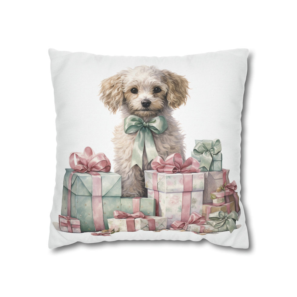 Thumbnail: Shabby Christmas Throw Pillow cover Victorian Puppy Dog Pink Roses Holiday Decor