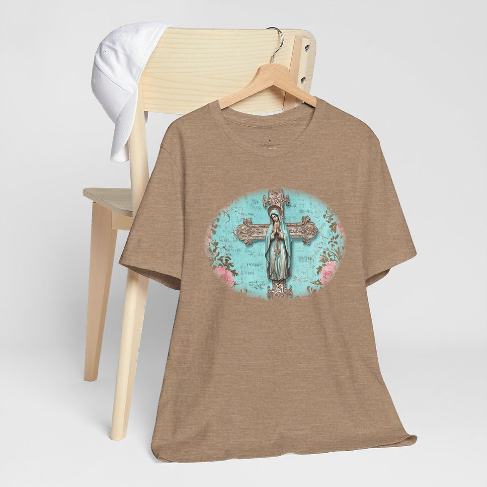 Thumbnail: Catholic T-Shirt Shabby Praying Mother Mary on Cross Pink Roses Art Tee