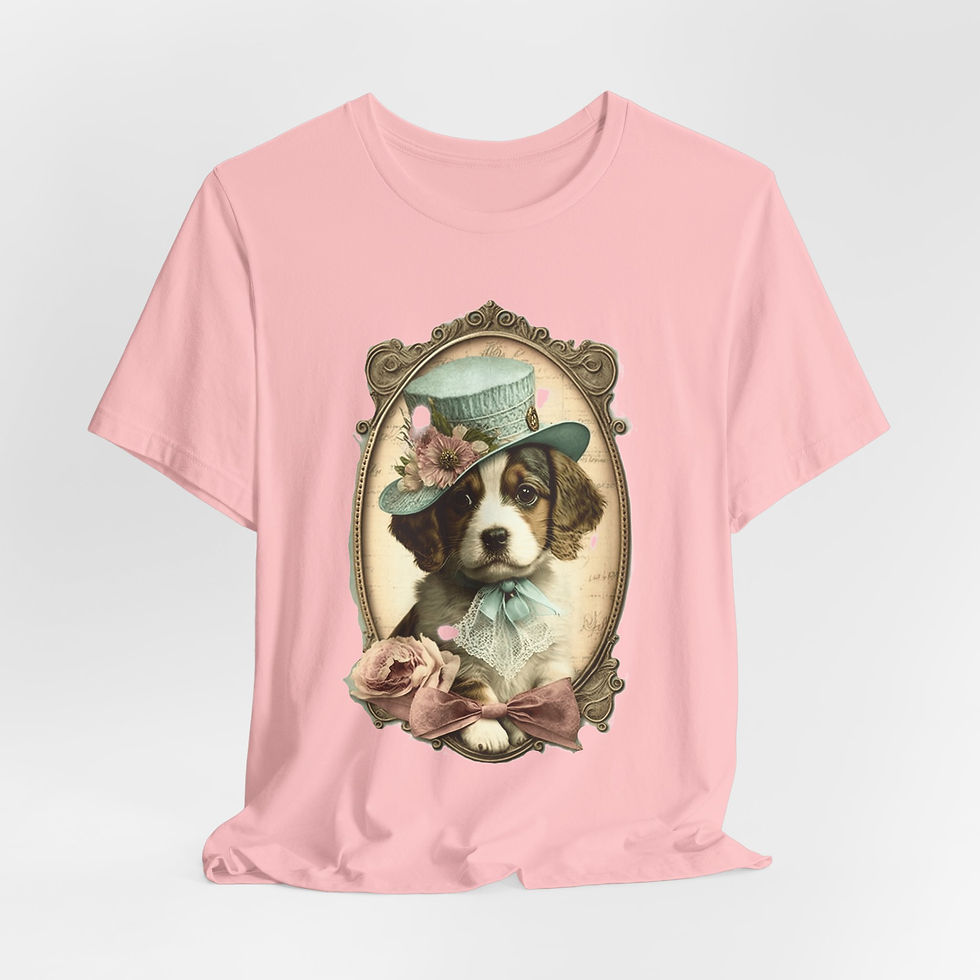 Thumbnail: Victorian Dog T-Shirt Shabby Dog in Hat Pink Roses Artistic Gift Dog Lover Tee