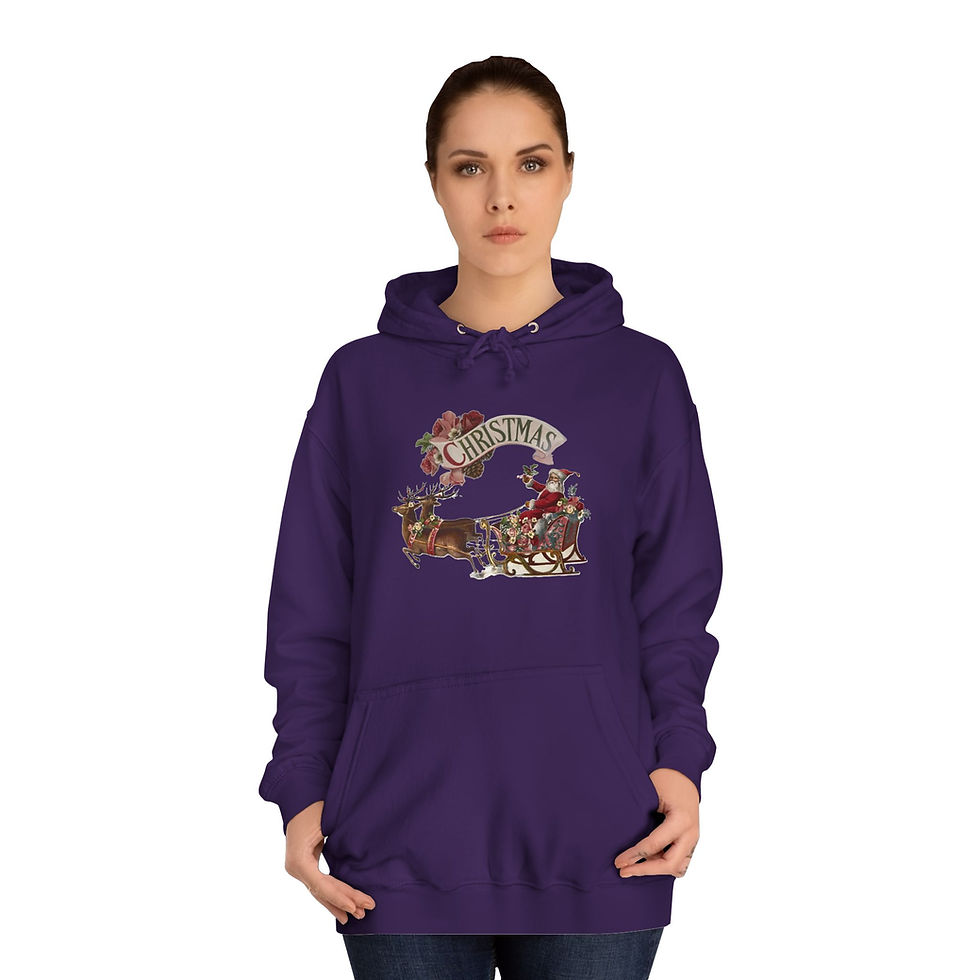 Thumbnail: Shabby Retro Santa Hoodie Reindeer Sleigh Cozy Christmas Sweatshirt w/Pockets 
