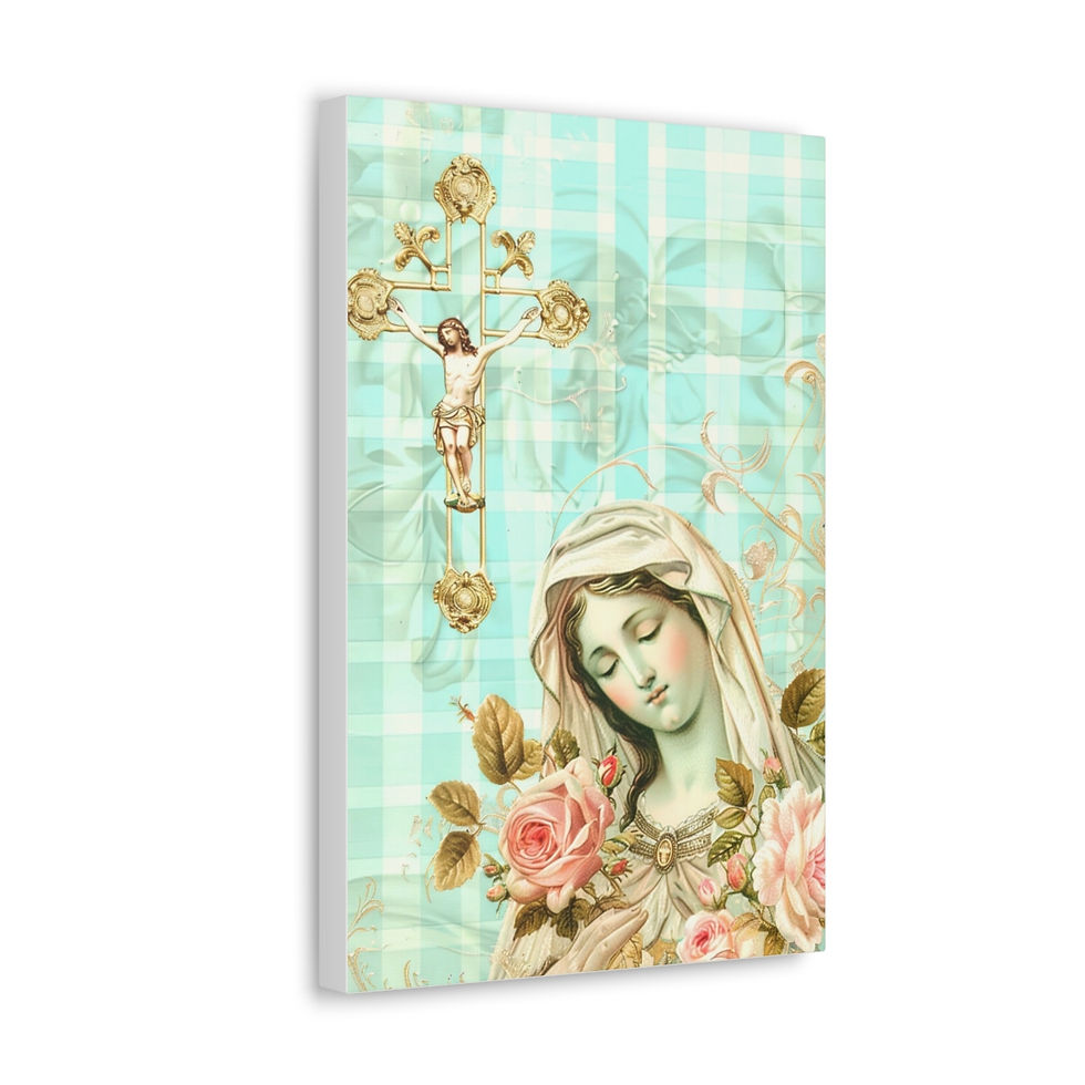 Thumbnail: Shabby Virgin Mary Canvas Art Vintage Pink Aqua White French Country Wall Decor 