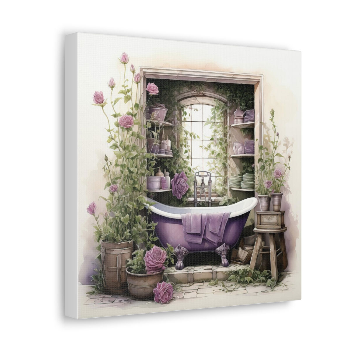 Vintage Bathroom Art Victorian Tub Purple Roses French Country Canvas Print