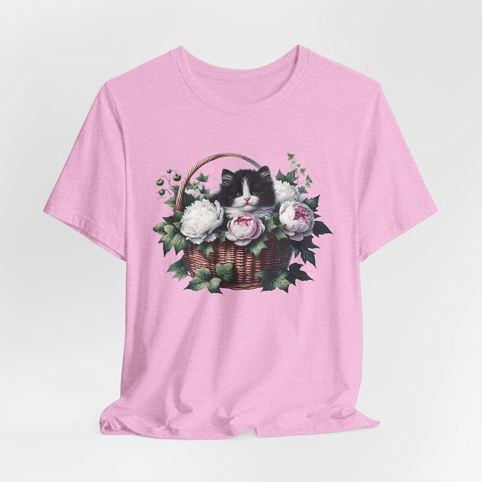 Thumbnail: Cat Lover Art T-Shirt Shabby Kitten in Basket Pink White Flowers Artistic gift