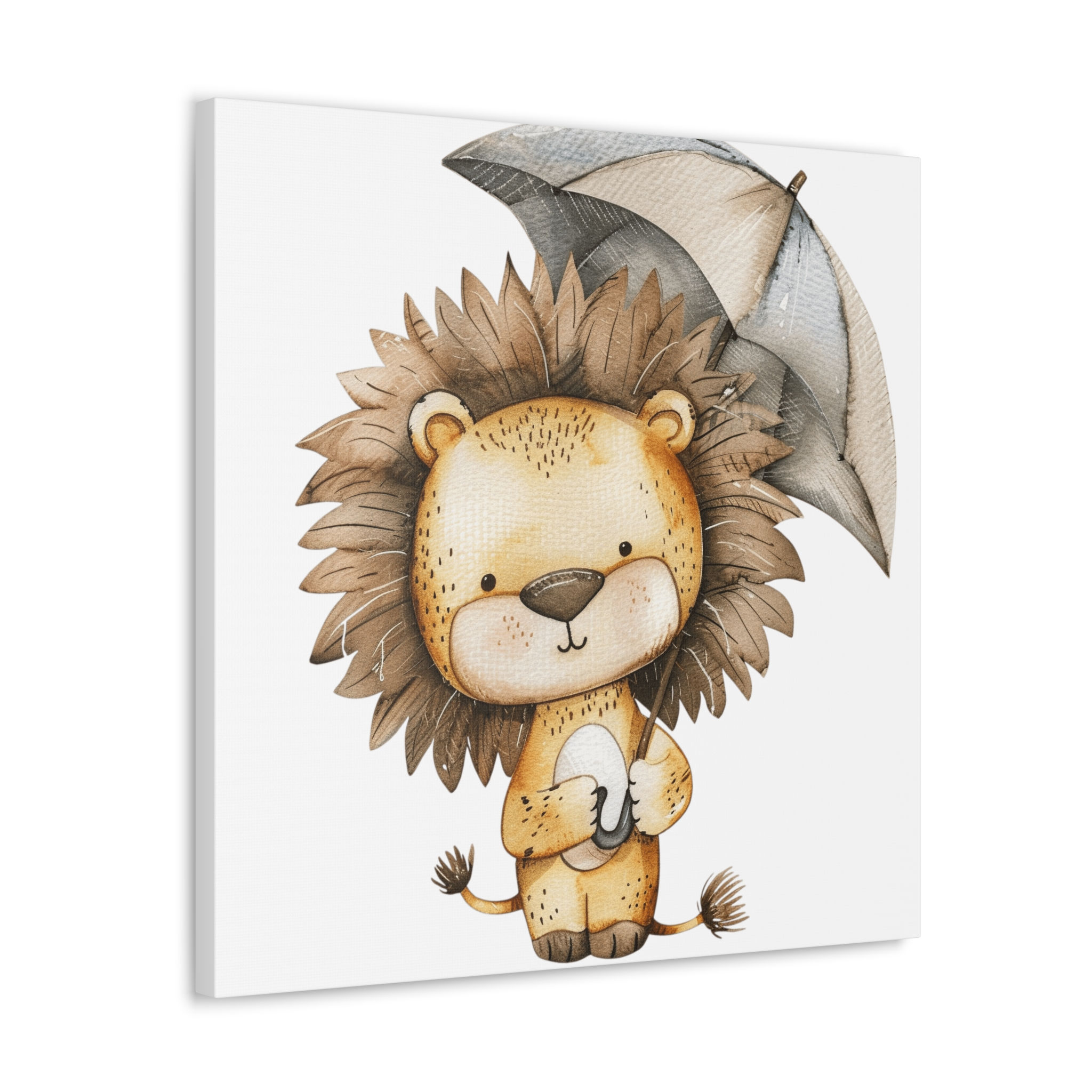 Nursery Wall Decor Lion with Umbrella Watercolor Canvas Art Print Baby Toddler