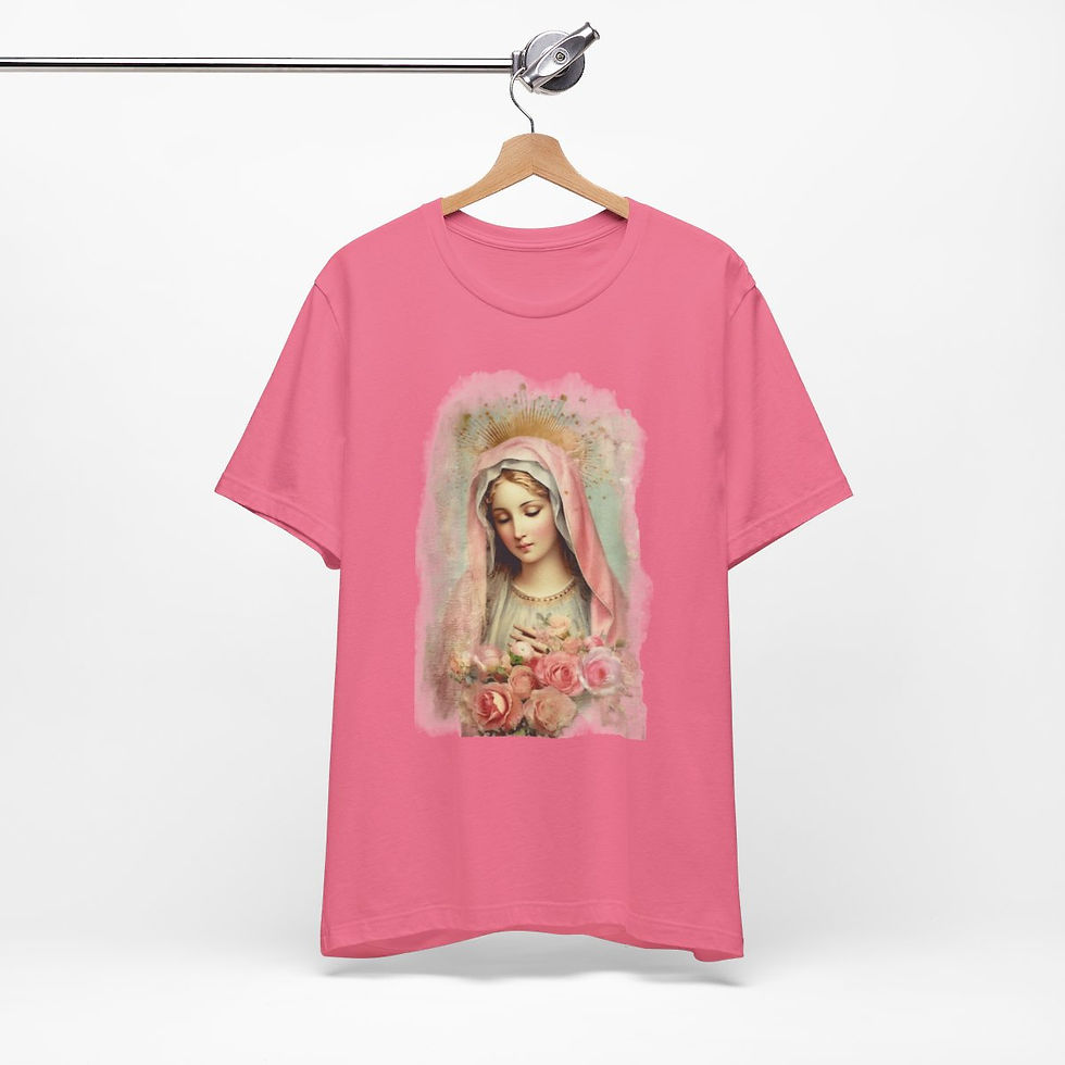 Thumbnail: Virgin Mary T-Shirt Shabby Pink Roses Ave Maria Art Tee Catholic Faith Gifts